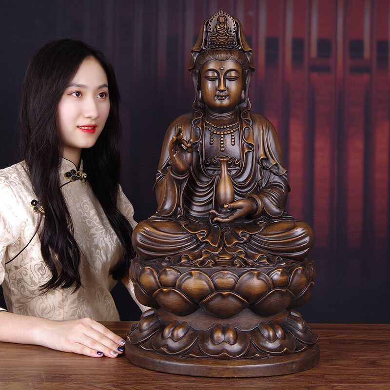 实木雕观音摆件大号黑檀木质坐莲观世音菩萨神像家用供奉观音佛像