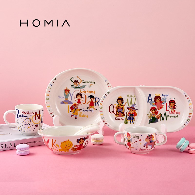 HOMIA可爱女童卡通釉下彩陶瓷儿童餐具套装幼儿宝宝专用吃饭碗盘