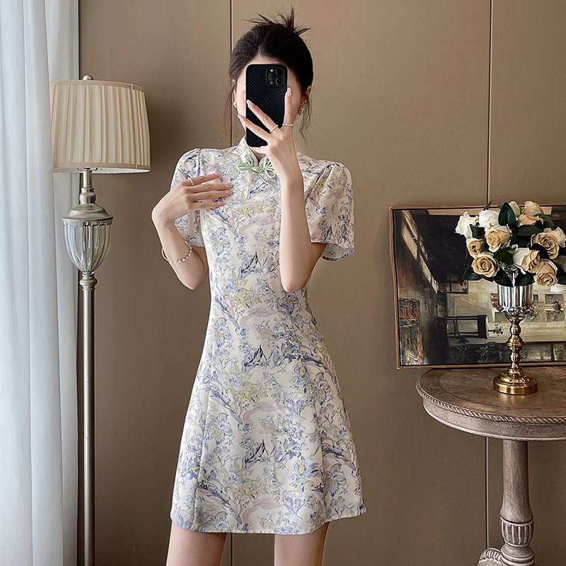 法式优雅收腰显瘦气质连衣裙女夏季年轻款少女新中式碎花旗袍短裙