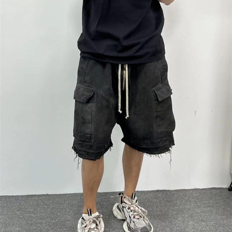RO原标水洗烟灰色渐变多口袋工装直筒抽绳五分休闲短裤毛边牛仔裤