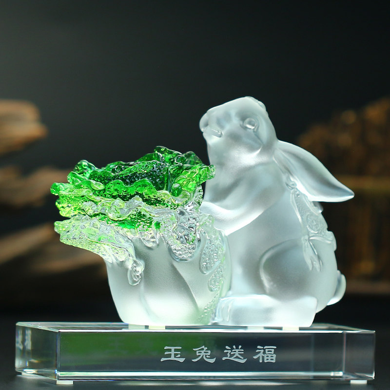 琉璃抱白菜兔子摆件店铺开业招财工艺礼品摆饰创意可爱客厅装饰品
