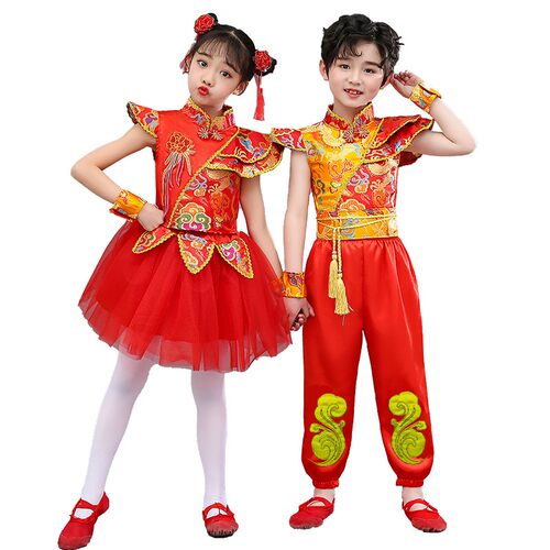 六一儿童打鼓演出服中国风开门秧歌表演舞龙腰鼓服儿童说唱中国红