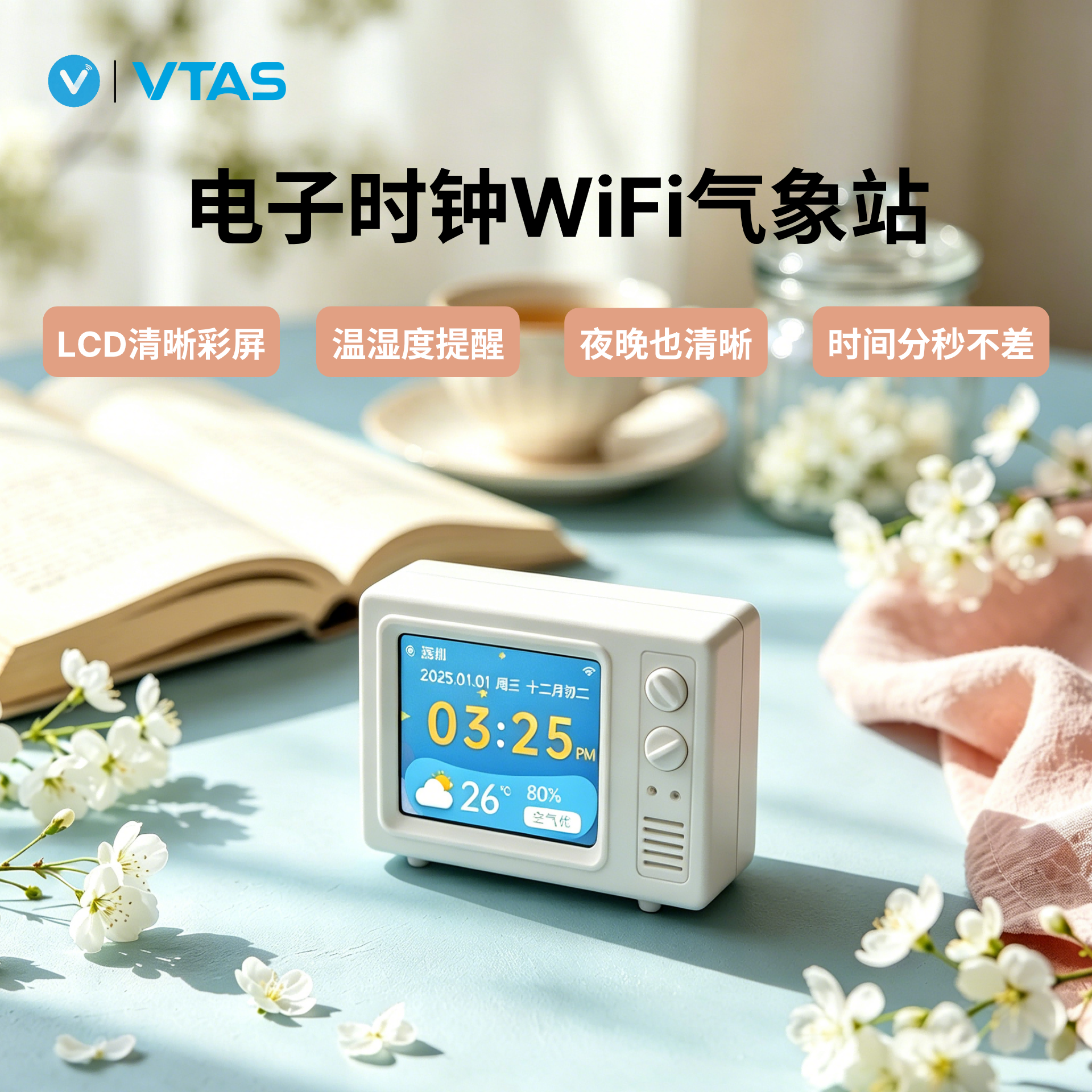 唯泰斯(VTAS)迷你WiFi天气电子时钟LCD彩屏温湿度计自动对时背光