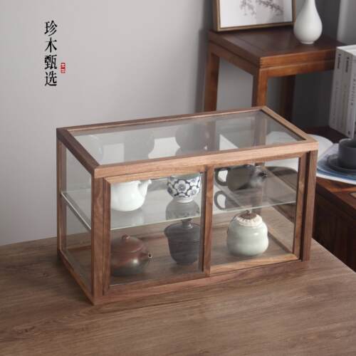 珍木甄选黑胡桃木双层玻璃横柜展示柜茶室茶具器皿摆件防尘收纳柜