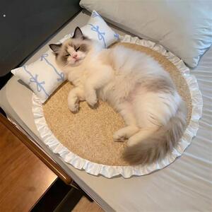 宠物凉席垫猫咪夏季降温凉垫亚麻仿藤席带靠枕猫狗宠物冰垫凉席窝