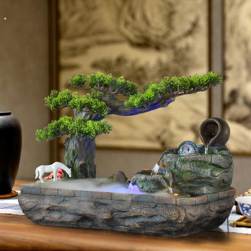 仿真迎客松山水盆景假山流水喷泉摆件玄关办公室循环水造景