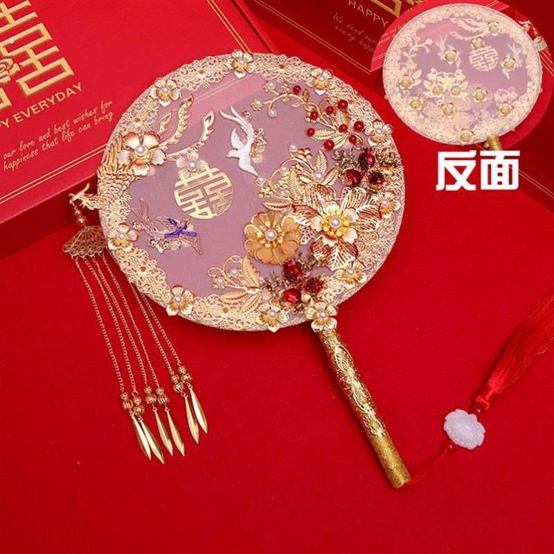 团扇结婚新娘蒲扇秀禾服中式扇子古风手工双面刺绣红色喜扇成品扇