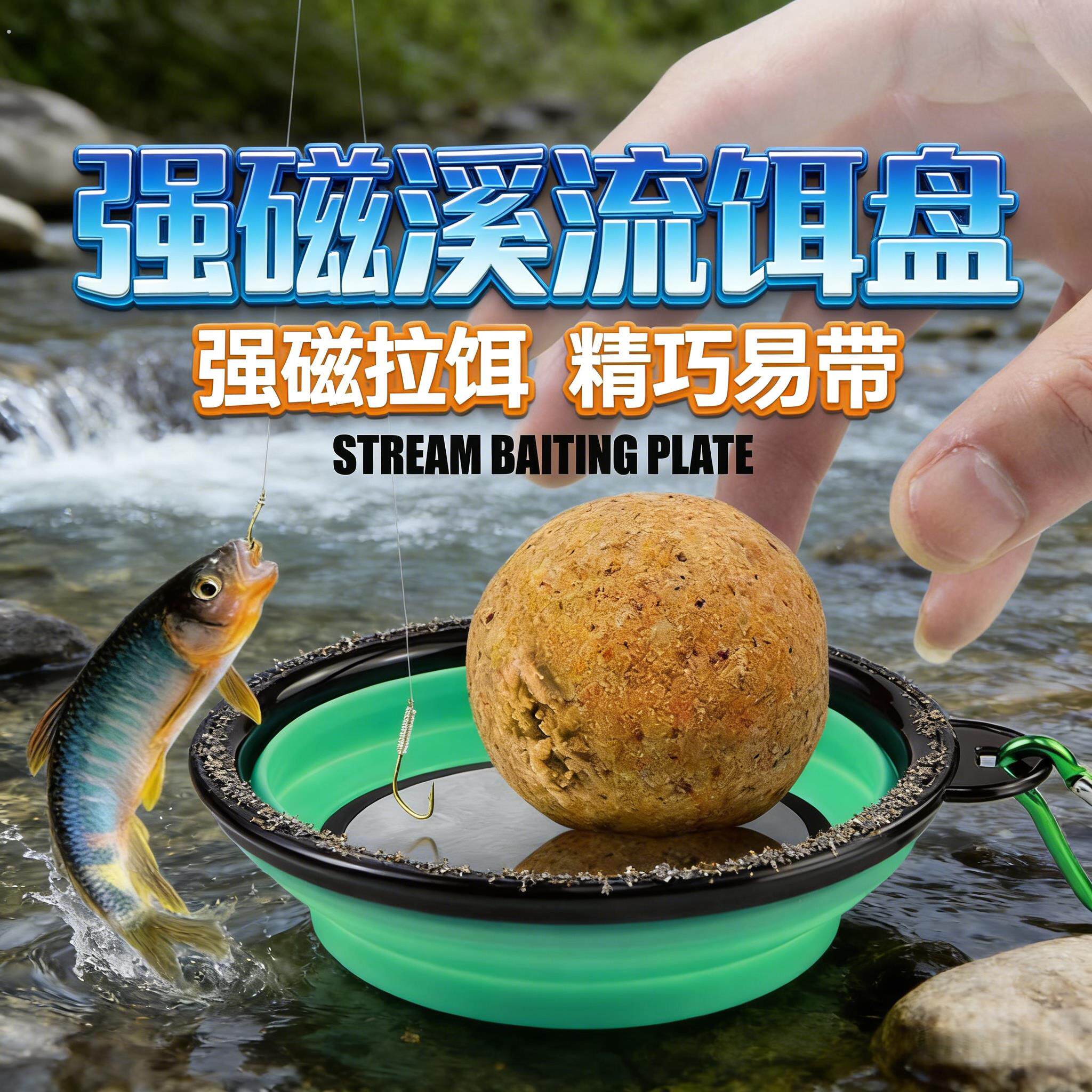 强磁溪流拉饵盘迷你折叠便携野钓溪流开饵盆带挂扣拉饵专用
