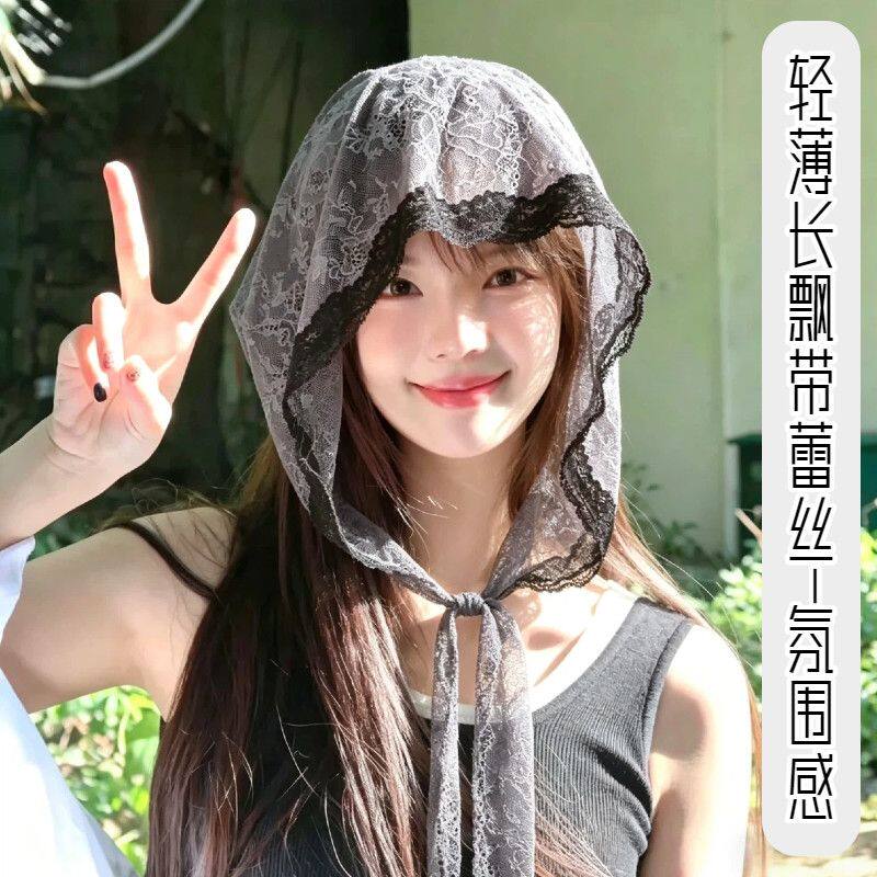 轻薄蕾丝飘带防晒帽气质款
