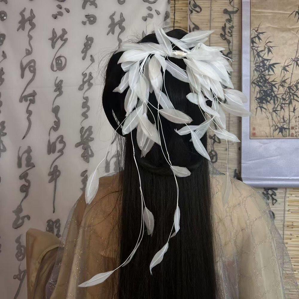 白色新娘羽毛流苏发夹仙女头饰仙气旅拍古风婚纱发饰超仙