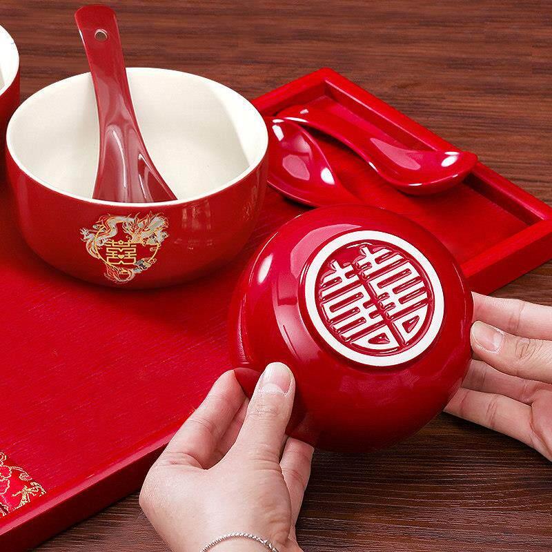 结婚用品喜碗一对红色婚庆子孙碗新人陪嫁品套碗对杯陶瓷对碗婚庆