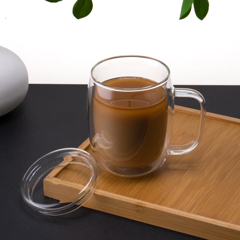 双层玻璃杯隔热带盖子大容量咖啡杯耐高温水杯马克杯透明茶杯带把