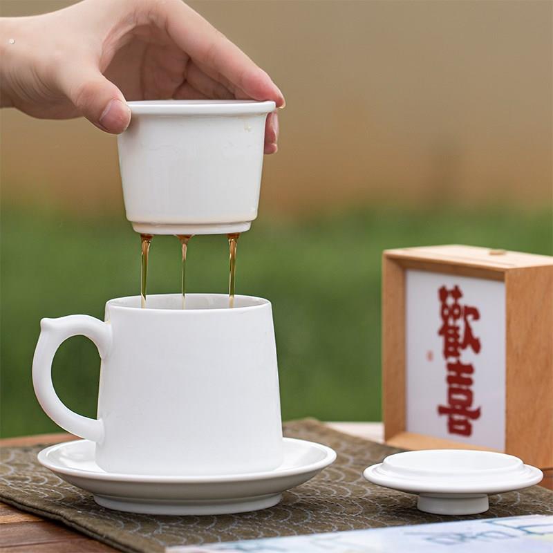 茶水分离泡茶杯个人专用陶瓷杯子大容量水杯家用带底托可写字定制