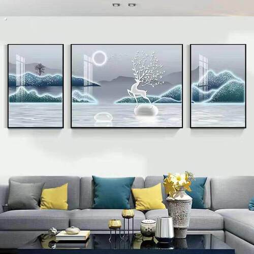 新款轻奢高档现代装饰福禄几何三联壁画沙发背景墙有带框挂画简约