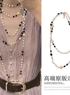 小香风~法式叠戴双层珍珠项链女复古老钱风长毛衣链优雅颈部配饰