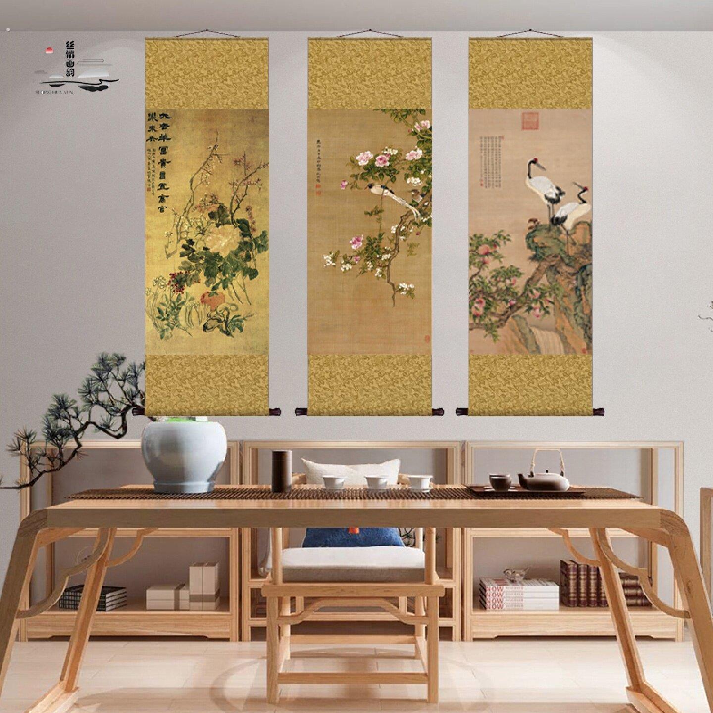 山水画卷轴挂画丝绸画宋代名家字画白云红树画板桥竹子茶楼丝绸画