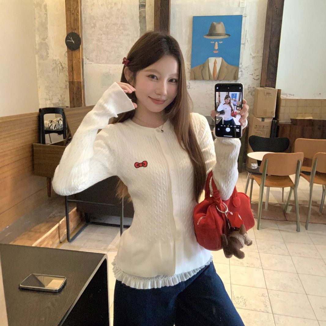 甜美少女风蝴蝶结圆领麻花毛衣女秋冬季韩系修身外搭针织开衫上衣