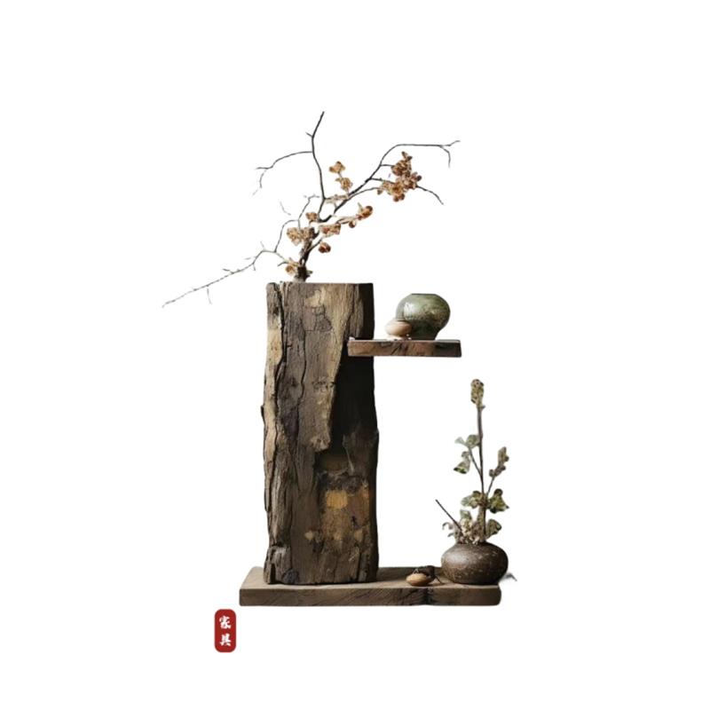 侘寂风木墩花架自然古朴 实木客厅落地式花几可订做阳台花盆架