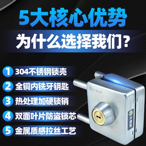 无畏惧304不锈钢玻璃门锁单开门免开孔玻璃锁地插销锁防盗锁方形