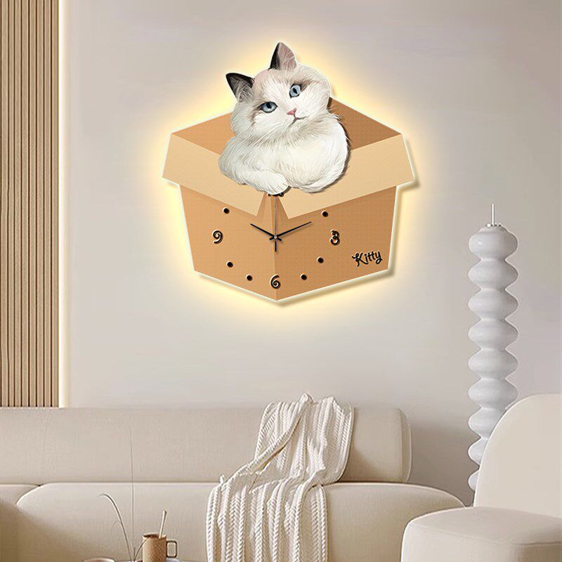 卡通猫咪钟表装饰画挂墙儿童房卧室创意时钟壁灯画餐厅墙静音挂钟