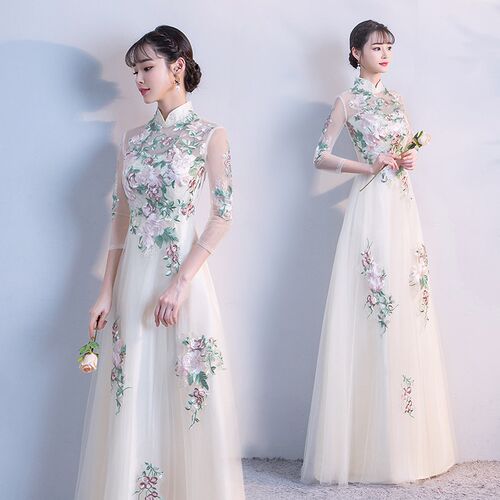 大合唱团演出服女新款古典仙气礼仪走秀旗袍朗诵长裙古筝表演服装