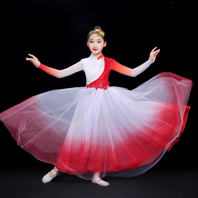 国庆新款儿童开场舞大摆裙演出服连衣裙女童学生伴舞表演大红舞裙
