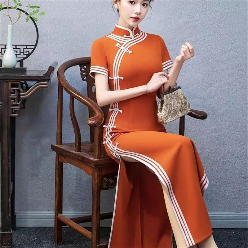 2025新款高端大气走秀长款旗袍中老年模特宴会舞台演出舞蹈服年轻