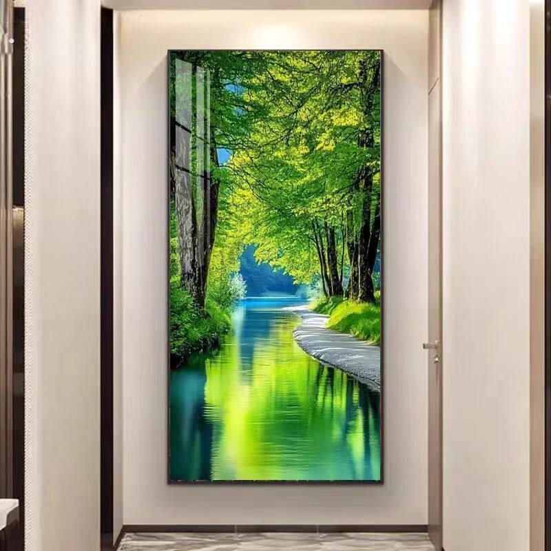 现代绿色简约入户玄关装饰画山水风景壁画客厅竖版走廊过道挂画