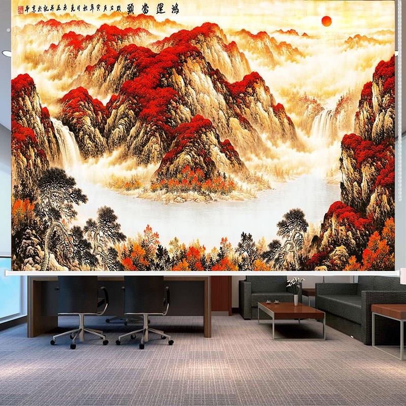 定制千里江山卷帘窗帘办公室书房中式意境山水画遮阳遮光手拉升降