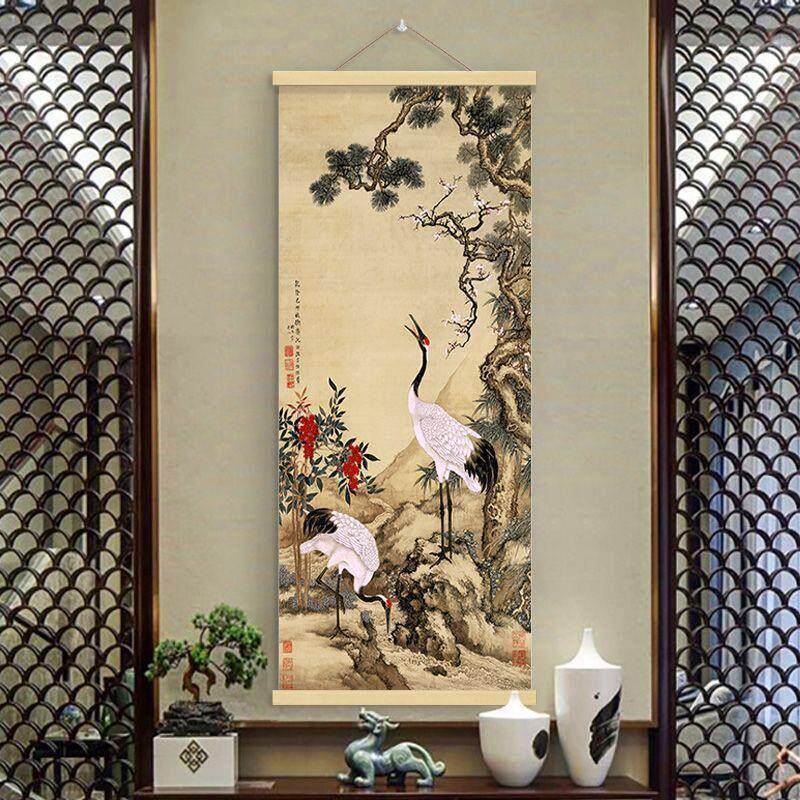 松鹤延年国画竖版玄关画卷轴挂画新中式客厅装饰画布艺画茶室壁画
