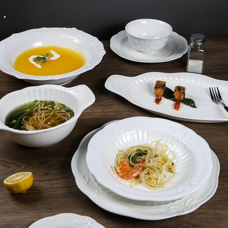 欧式复古浮雕陶瓷碗盘家用精致餐具创意一人食套餐乔迁汤碗餐盘碟
