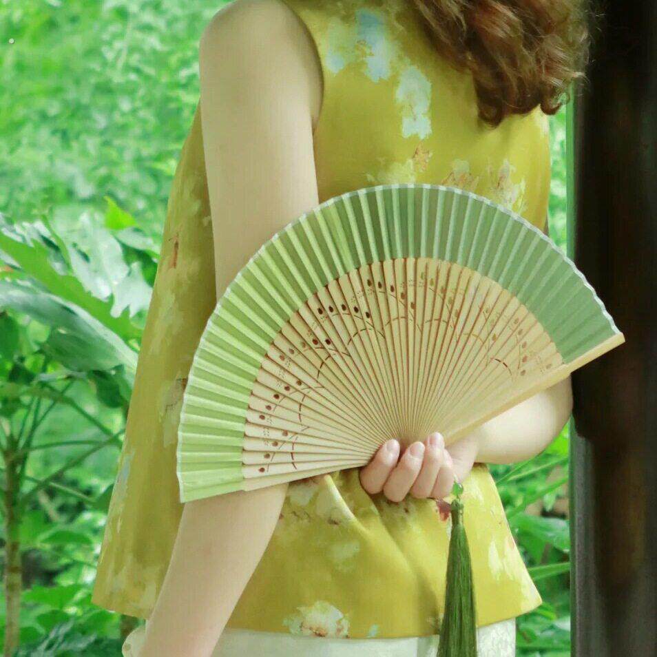 麦穗渐变绿色小清新6.6寸女扇草绿色折扇舞蹈汉服扇子小扇子