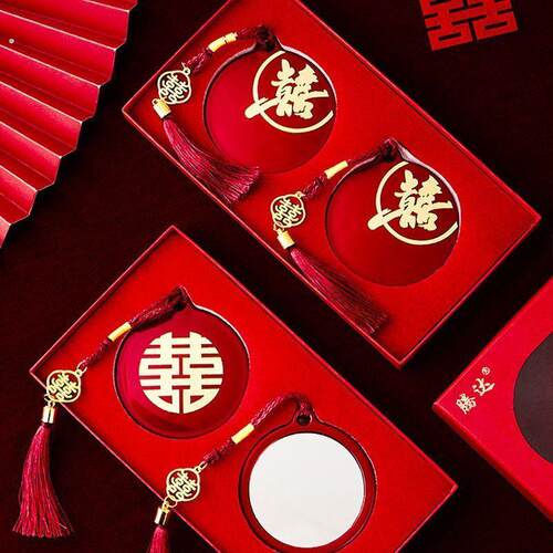 结婚新娘压腰镜陪嫁镜子结婚一对迷你流苏结婚镜子挂脖子红色腰镜