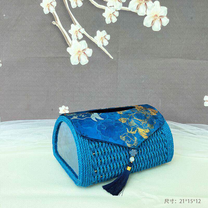 中国风手工编织布艺纸巾盒-家庭办公室桌抽纸盒复古麻绳箱