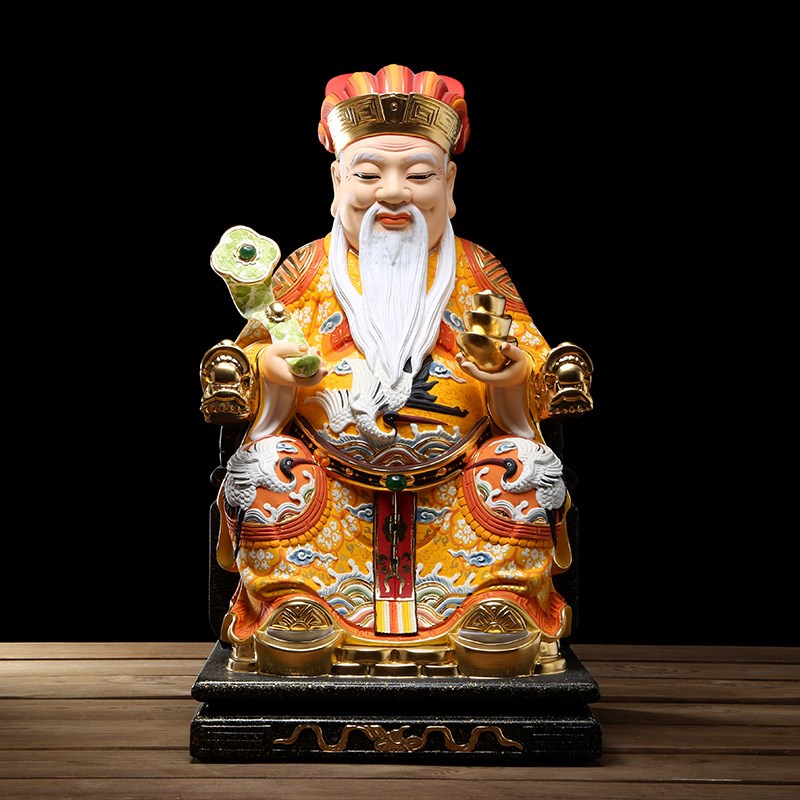 木雕彩绘土地公神像香樟木门口土地公店铺家用供奉招财福德正神