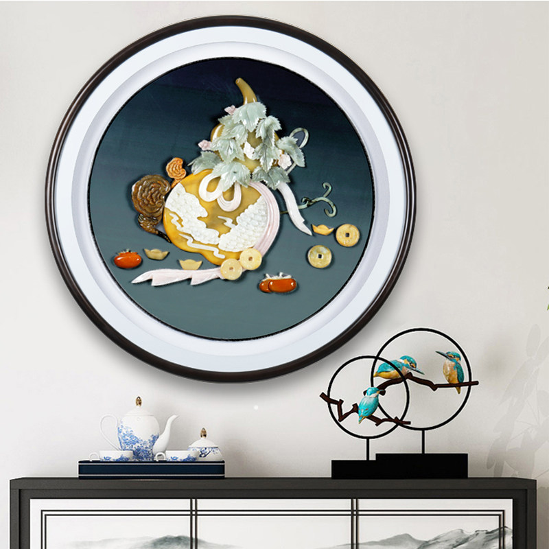 入户玄关装饰画餐厅客厅壁画led灯光大气背景墙圆形中式玉雕挂画