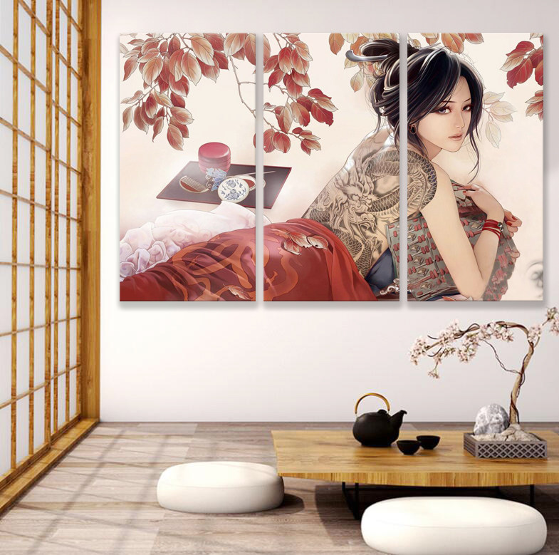 日式挂画酒店浮世绘玄关三联壁画餐厅纹身店美女壁画榻榻米装饰画