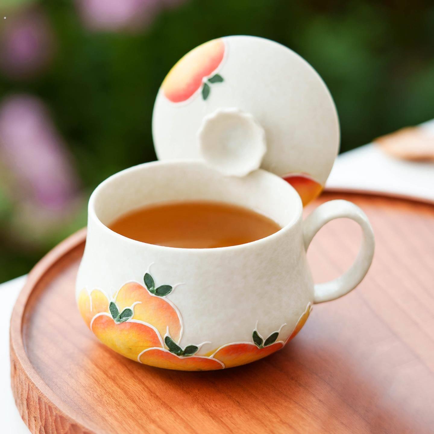 岩矿白堆绘黄桃咖啡杯个人专用茶杯陶瓷拿铁杯高档精致下午茶杯子