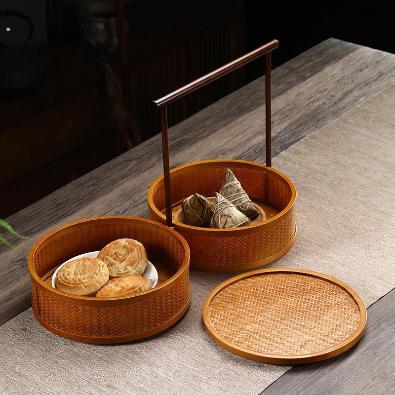 竹编手提双层篮复古提篮食盒多层带盖子子茶箱功夫茶具收纳盒送餐