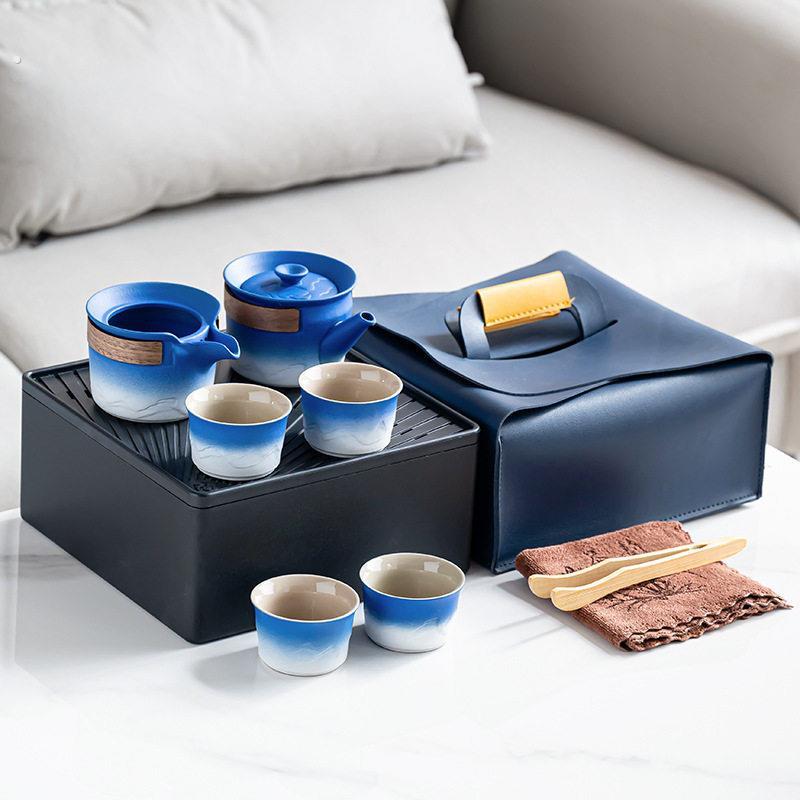 商务礼品户外茶具粗陶渐变木古茶具小套家用礼盒旅行陶瓷茶器定制