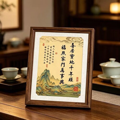 【喜居宝地千年旺】桌面摆件新中式客厅茶室书房装饰字画室内摆台