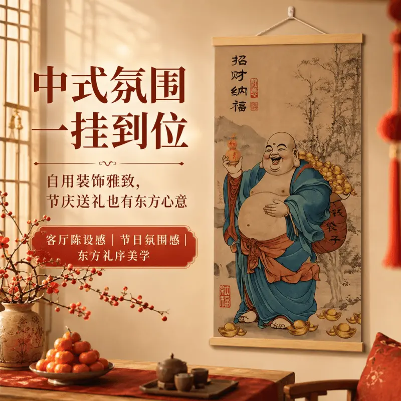 弥勒佛像挂画茶室办公室玄关装饰画新中式卷轴挂图入户正对门壁画