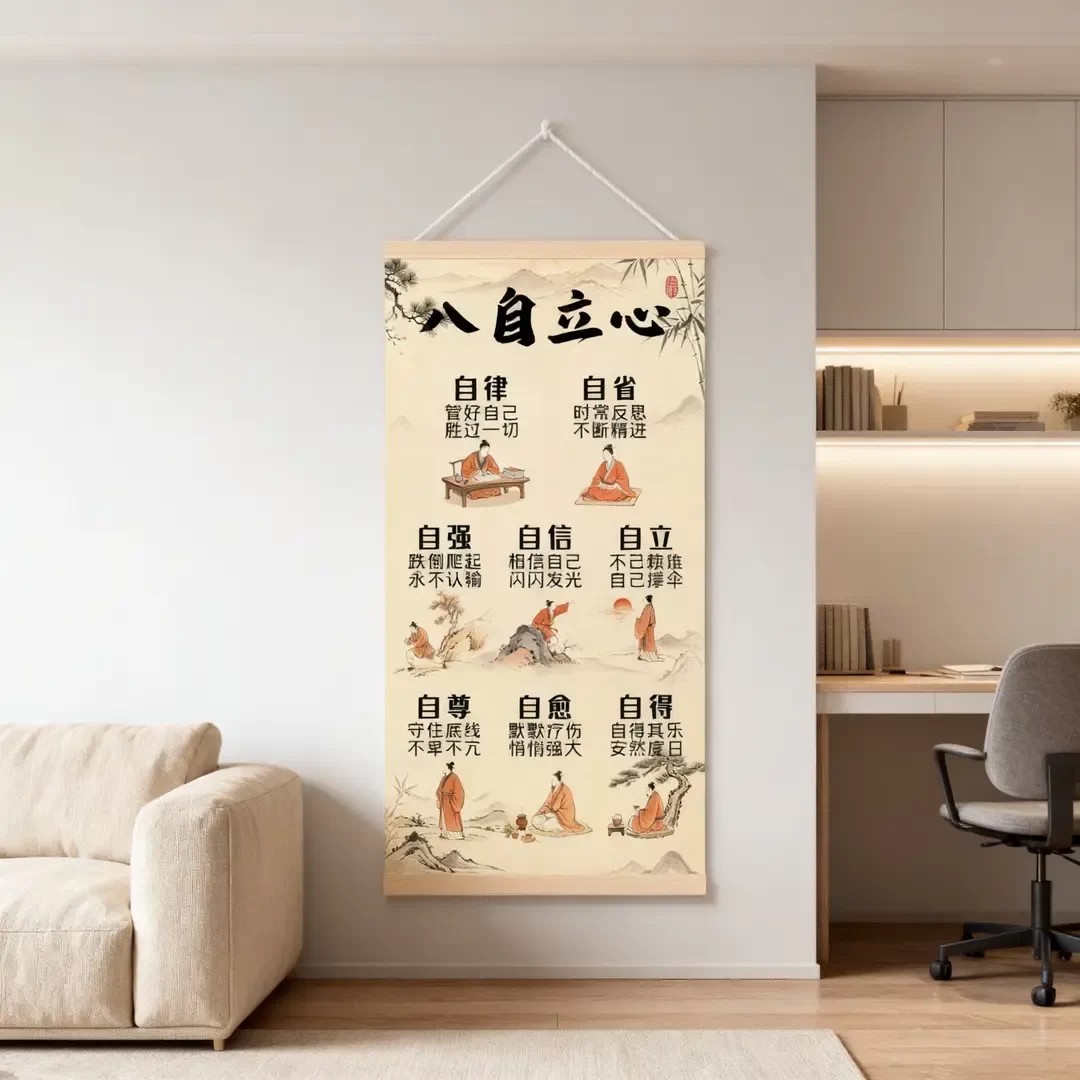 八自立心中式挂画客厅玄关背景墙装饰挂图书房办公室书法卷轴字画
