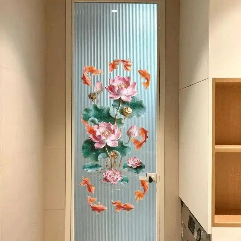 荷花贴纸白玉锦鲤卫生间净秽招财玻璃贴静电贴厕所门贴画岩娜优乐