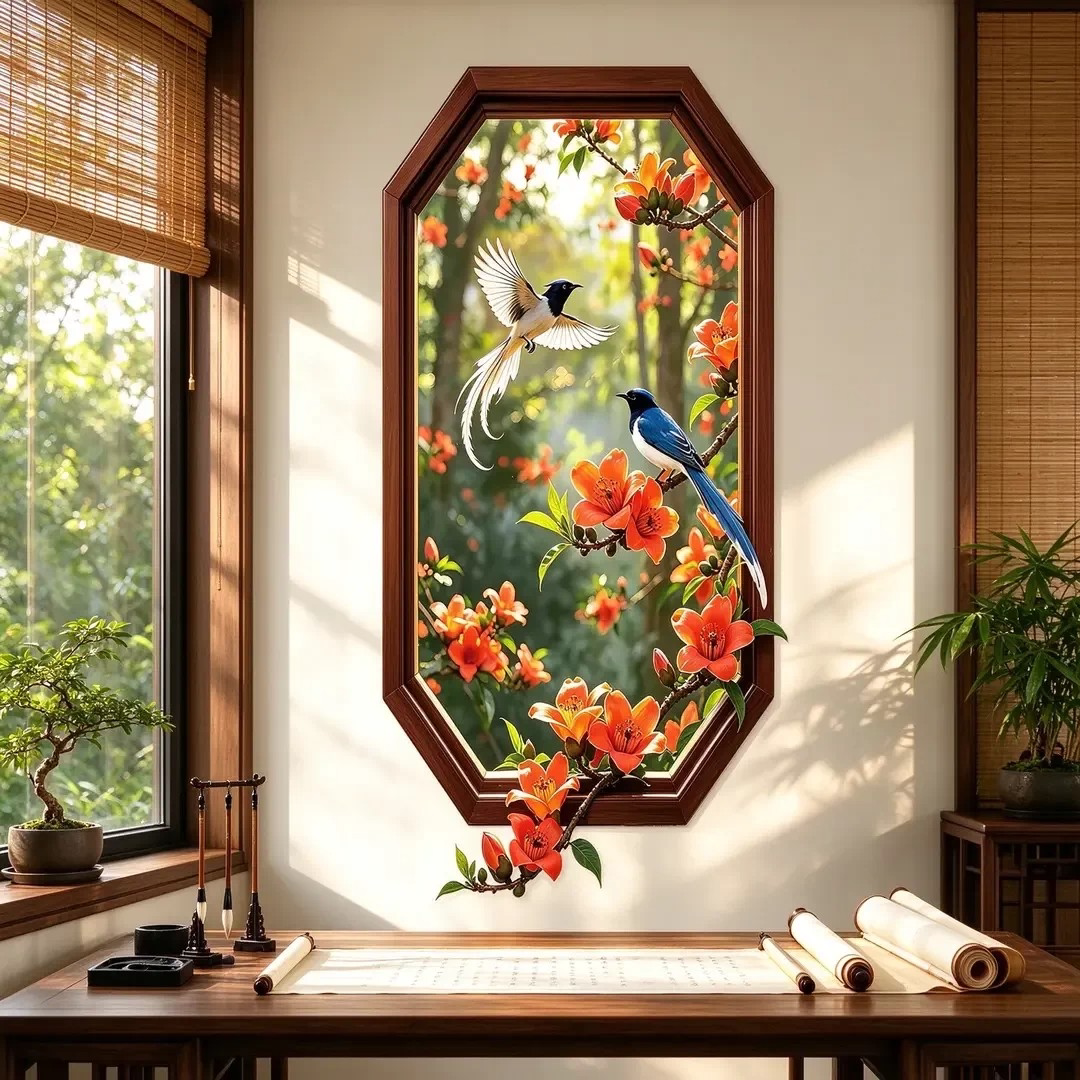 繁花见喜八角框木棉喜鹊墙贴玄关走廊过道自粘壁画假窗花鸟装饰画
