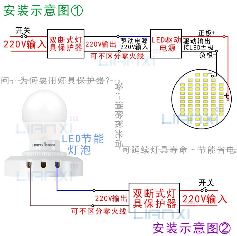 双断式LED灯保护器 联矽智能灯具保护器 防微光闪烁装置 防漏电保
