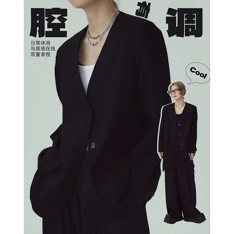 STILLYOU个性气质无领垫肩暗扣休闲黑色西装女宽松气质西服外套春