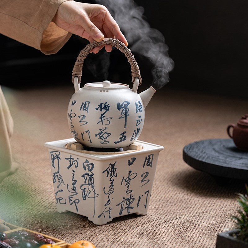 苏打釉方形炭炉套装围炉煮茶炉手写诗文提梁壶可干烧粗陶煮茶壶