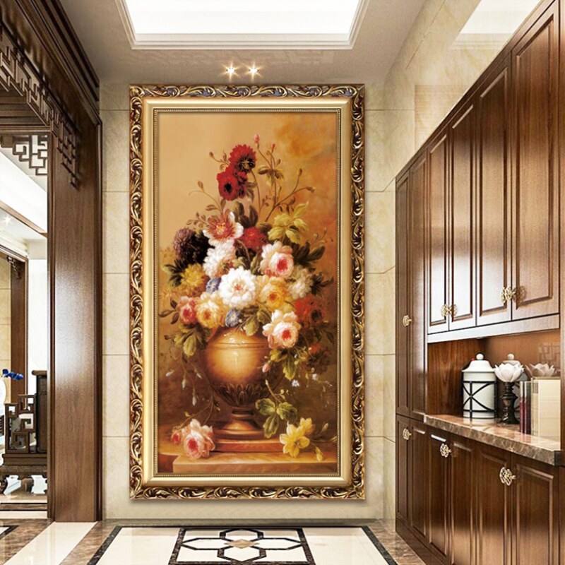 欧式家居装饰画油画玄关牡丹挂画走廊花墙画古典带框壁画竖版定做