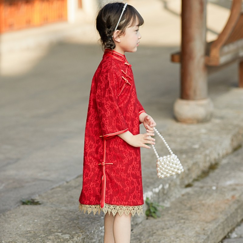 女童旗袍春秋季中国风儿童汉服改良唐装红色喜庆礼服宝宝长袖秋装
